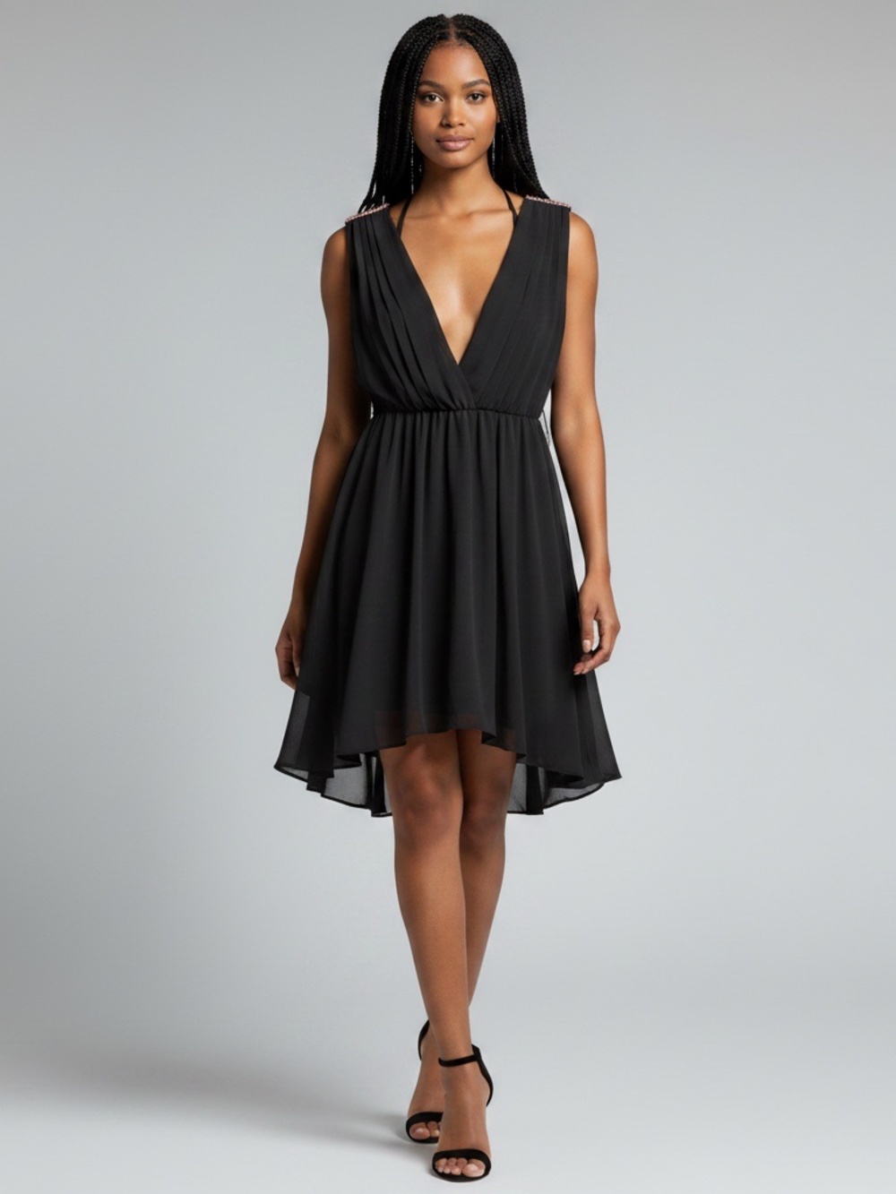 XOXO NWT Black Beaded Shoulder Dress XL Deep V Open Back Party Cocktail